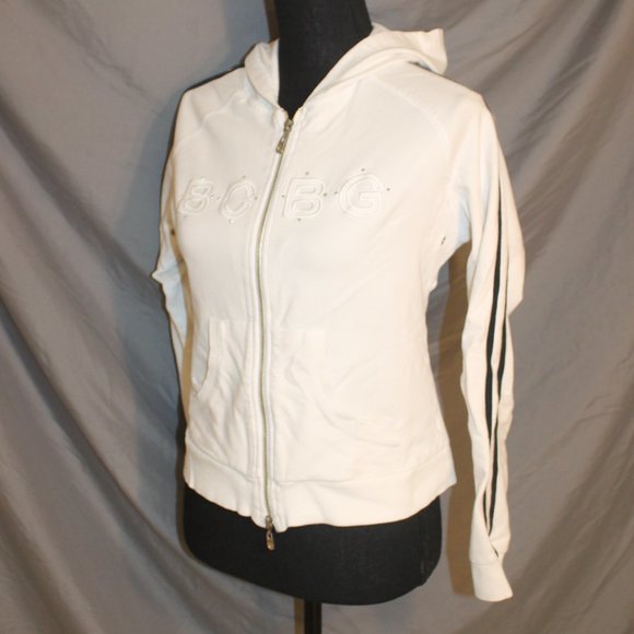WHITE BCBG HOODIE LONG SLEEVE WITH SEQUINED SWEATSHIRT SMALL ZIPPER CLOSURE - Picture 2 of 10